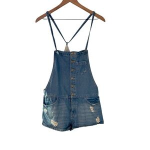 Zara Trafaluc Denim Shortalls Size 5 – Distressed Button-Up Front short overalls